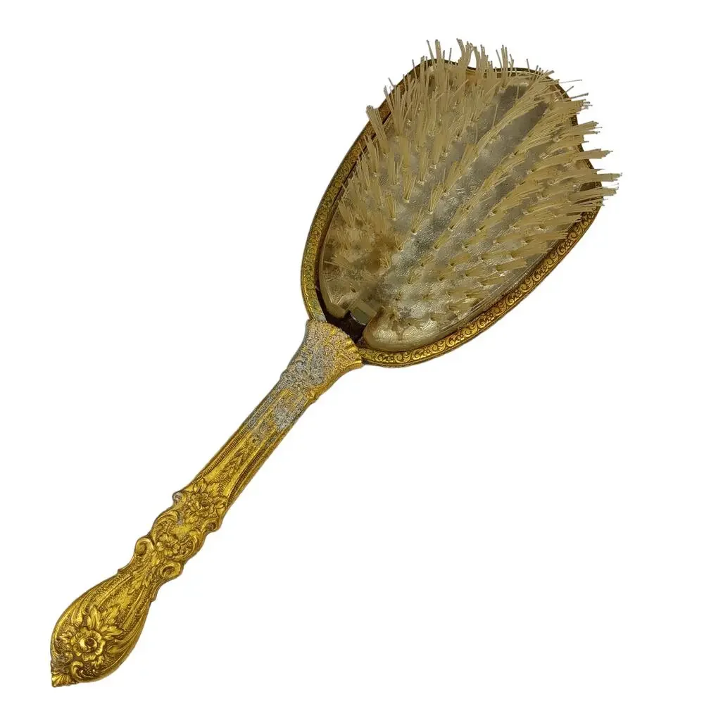 Vintage Hair Brush Brown Marble Like Back Golden Handle Clear Bristles Removable
